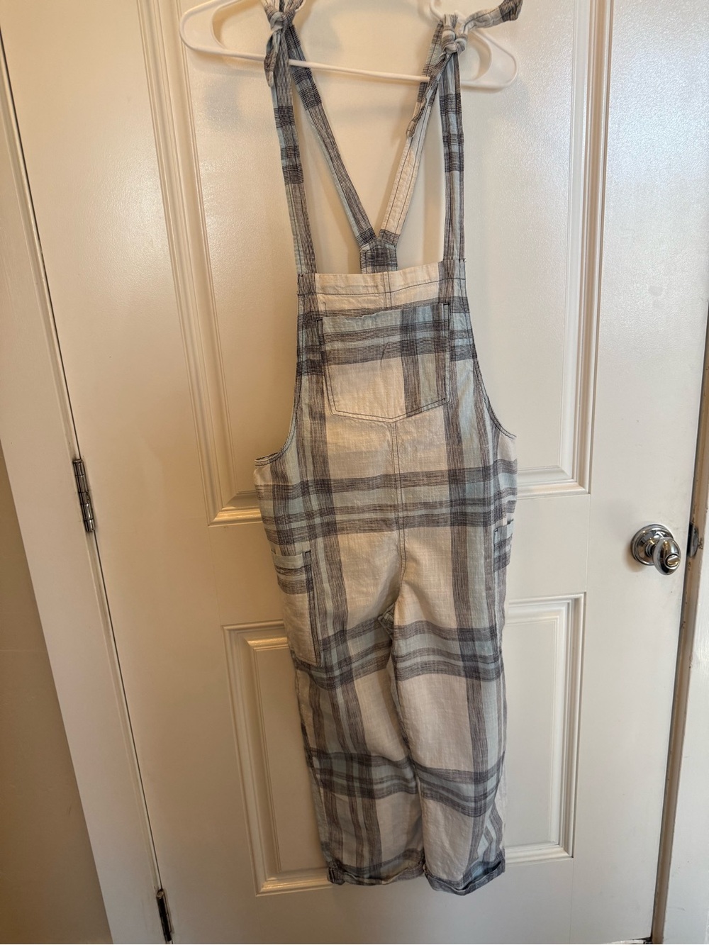 Aerie Plaid Linen Blend Cargo Overalls S Adjustable Straps Wide Leg Boho